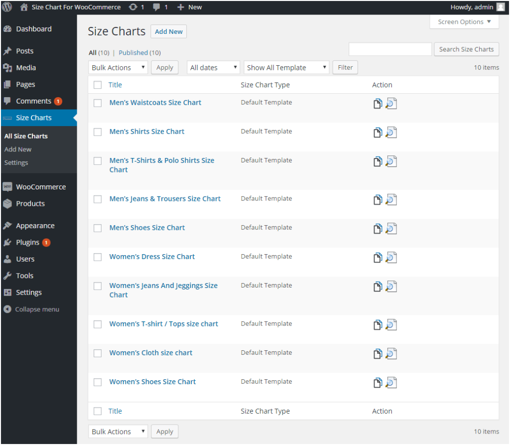 Figure 1: Multiple Size Charts for your Online Store's Products - Created using the WooCommerce Advance Custom Size Chart Plugin for WooCommerce